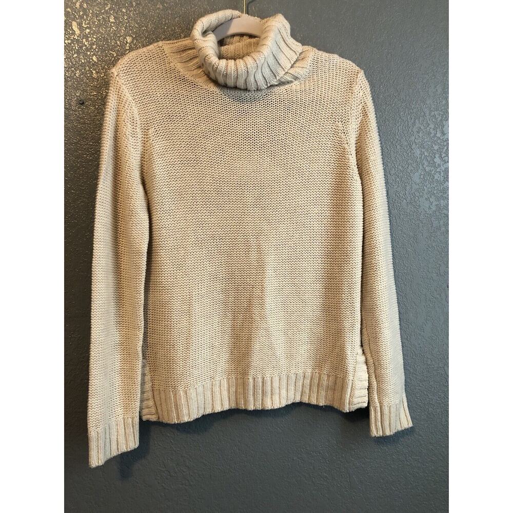 H&M Womens Sweater‎ Medium Long Sleeve Cream Ribbed Turtleneck Vented Sides FLAW